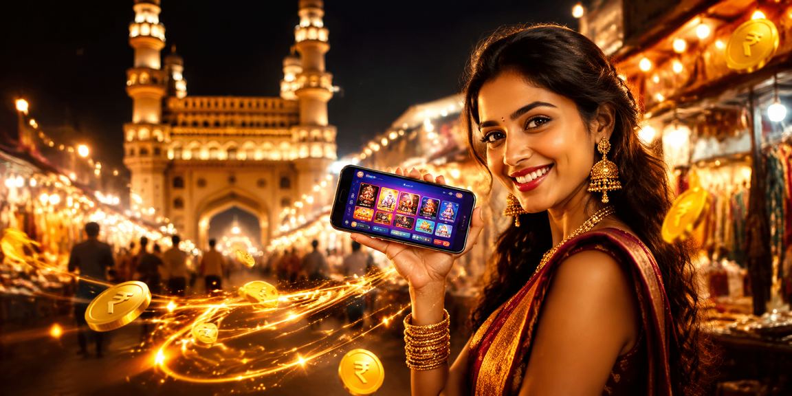 Evening view of Hyderabad Charminar with online casino mobile device
